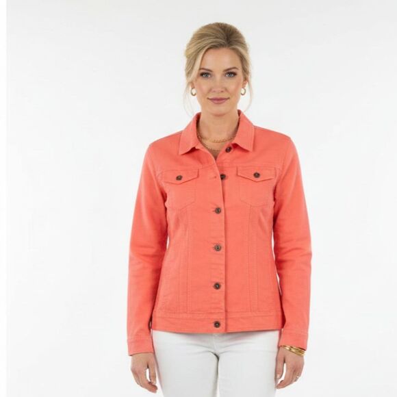 L.L. Bean Tops - LL Bean Linen Blend Coral Orange Button Up Shirt Trucker Jacket L